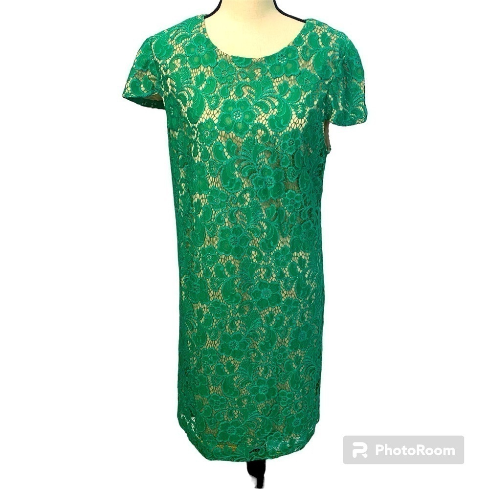 Saks Fifth Avenue (Black Label) Lace Shift Dress in Sz 16 Green/Tan